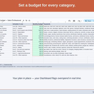 The Expense Ledger’s Budget tab, with a figure set against each salon professional category — booth & suite rent, color & backbar products, and retail products for resale — and the Dashboard flagging overspend as it happens.