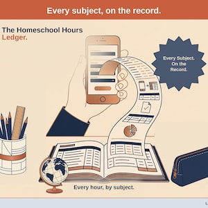 Title slide for the Homeschool Hours Ledger — a pencil cup, a zippered pencil case and a tabletop globe beside an open ledger, with a phone feeding it: every subject, on the record.
