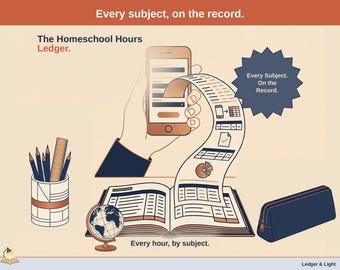May include: A digital graphic titled The Homeschool Hours Ledger featuring a smartphone, a long scrolling receipt with icons, an open ledger book, a pencil cup with pencils and a ruler, a globe, and a pencil case. Text includes Every subject, on the record.