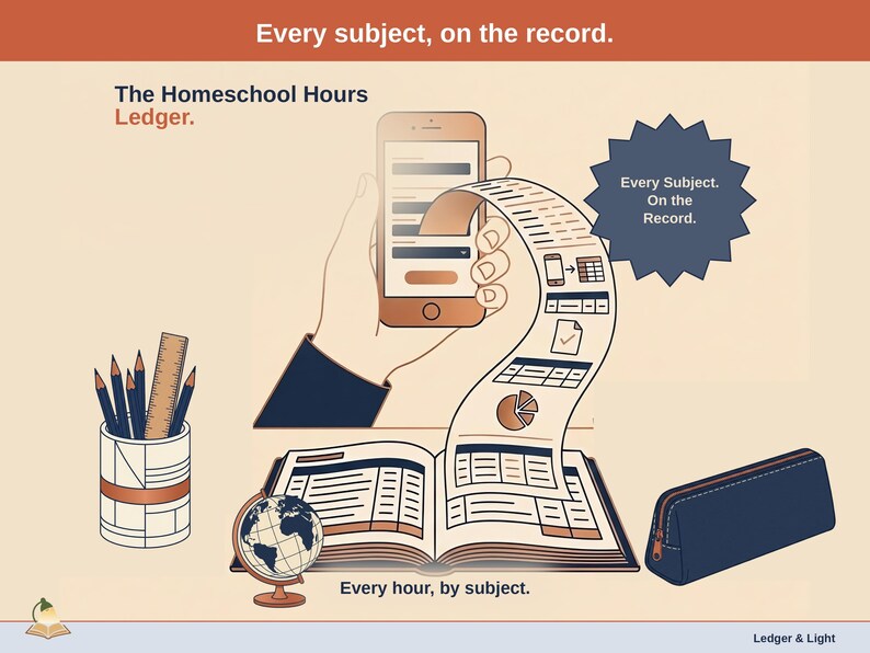 Title slide for the Homeschool Hours Ledger — a pencil cup, a zippered pencil case and a tabletop globe beside an open ledger, with a phone feeding it: every subject, on the record.
