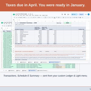 Two exported cards side by side — Tax Summary and Transactions — sent from the Expense Ledger’s custom Ledger & Light menu. A long-term rental year, ready to hand over.