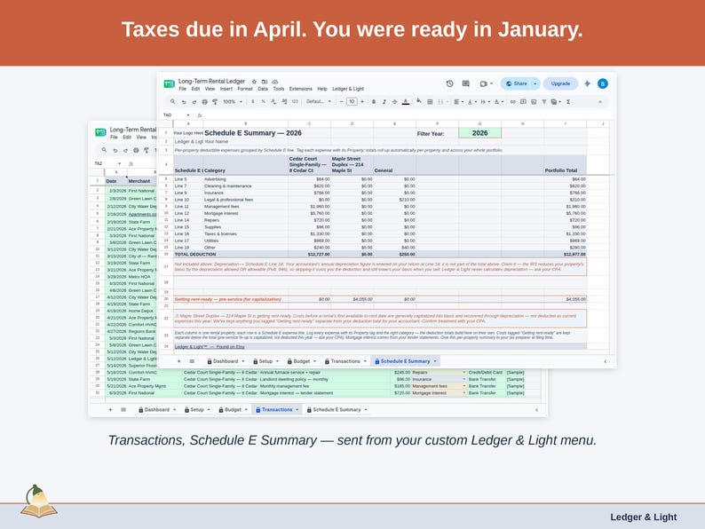 Two exported cards side by side — Tax Summary and Transactions — sent from the Expense Ledger’s custom Ledger & Light menu. A long-term rental year, ready to hand over.