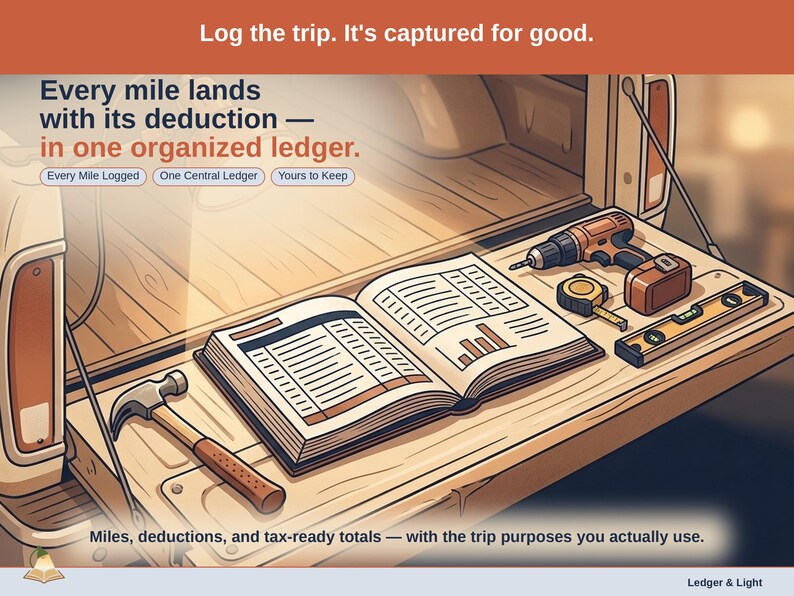 Closing slide, captioned every mile logged, one central ledger, yours to keep. Every contractor expense lands with its receipt attached, in one ledger that stays in your own Drive.