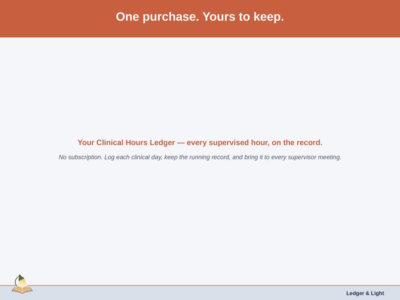 Closing slide for the Clinical Hours Ledger — one purchase, every supervised hour on the record.