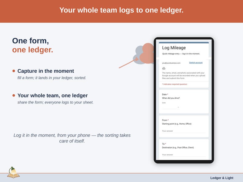 Phone and sheet together — however many people are logging, every maker entry reaches one Mileage Ledger. Log it in the moment, from your phone — the sorting takes care of itself.
