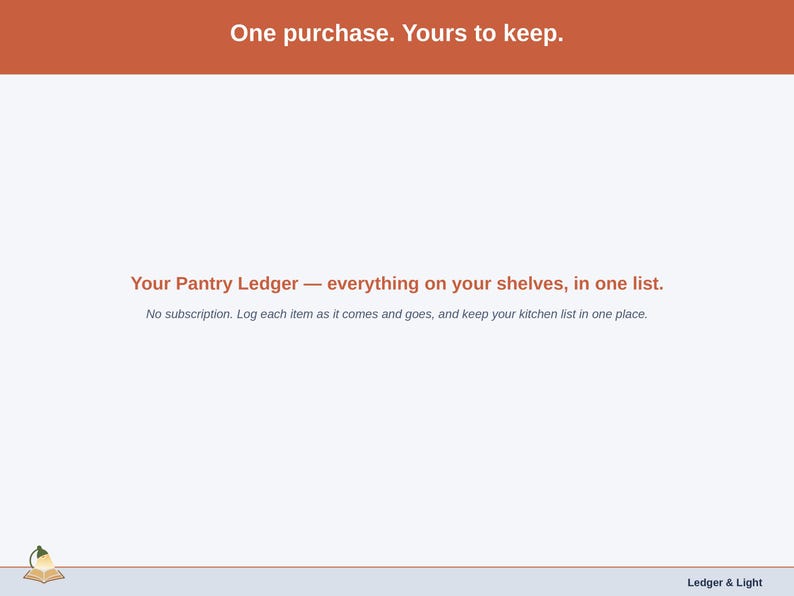 Closing slide for the Pantry Ledger — one purchase, everything on your shelves in one list.