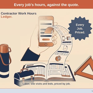Title slide for the Contractor Work Hours Ledger — lunch pail, thermos and speed square on a desk beside an open ledger, with a phone feeding it: labor, site visits and bids, priced by job.