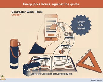 May include: A digital illustration featuring a smartphone, a ledger book, a thermos, a toolbox, and a triangle ruler. Text includes: Every job's hours, against the quote. Contractor Work Hours Ledger. Every Job. Priced. Labor, site visits and bids, priced by job.