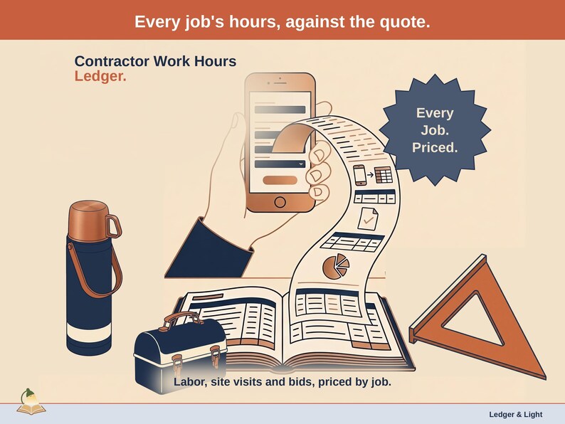 Title slide for the Contractor Work Hours Ledger — lunch pail, thermos and speed square on a desk beside an open ledger, with a phone feeding it: labor, site visits and bids, priced by job.