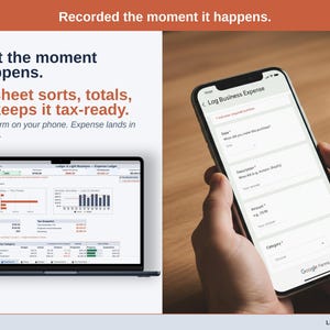 A laptop open to the Dashboard of a photographer Expense Ledger in Google Sheets, with the headline “Log it the moment it happens. The sheet sorts, totals, and keeps it tax-ready”. Google Form on your phone. Expense lands in your sheet.
