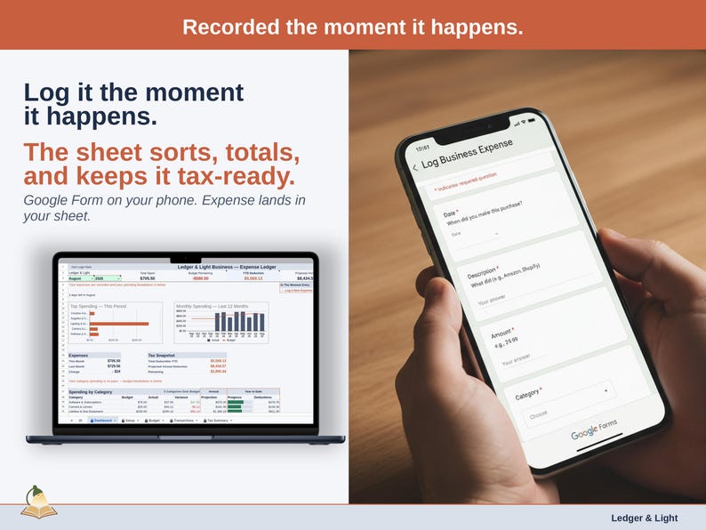 A laptop open to the Dashboard of a photographer Expense Ledger in Google Sheets, with the headline “Log it the moment it happens. The sheet sorts, totals, and keeps it tax-ready”. Google Form on your phone. Expense lands in your sheet.