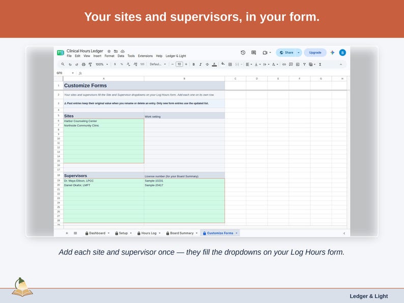 The Customize Forms tab: your sites and supervisors, each entered once, which fill the dropdowns on your Log Hours form.