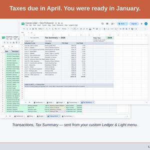 Two exported cards side by side — Tax Summary and Transactions — sent from the Expense Ledger’s custom Ledger & Light menu. A salon professional year, ready to hand over.