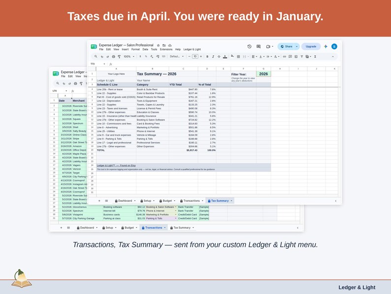 Two exported cards side by side — Tax Summary and Transactions — sent from the Expense Ledger’s custom Ledger & Light menu. A salon professional year, ready to hand over.