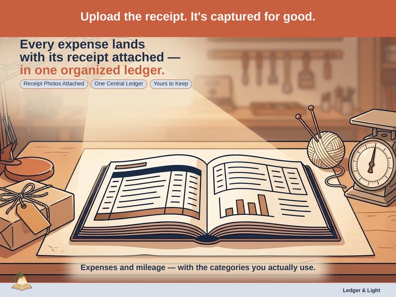 Closing slide, captioned receipt photos attached, one central ledger, yours to keep. Every maker expense lands with its receipt attached, in one ledger that stays in your own Drive.