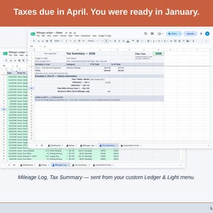 Two exported cards side by side — Tax Summary and Transactions — sent from the Mileage Ledger’s custom Ledger & Light menu. A maker year, ready to hand over.