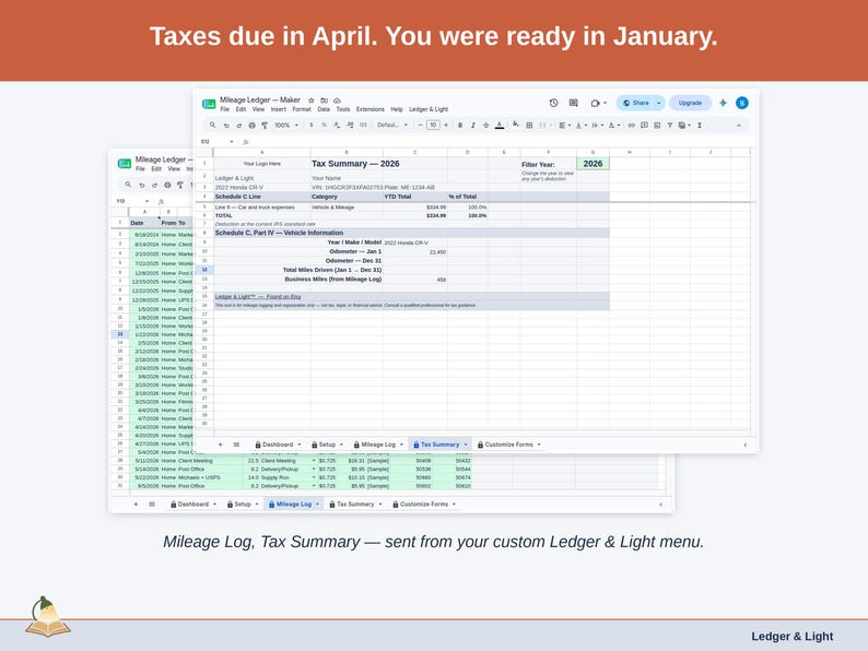 Two exported cards side by side — Tax Summary and Transactions — sent from the Mileage Ledger’s custom Ledger & Light menu. A maker year, ready to hand over.