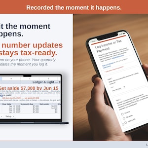 A laptop showing the Estimate tab beside the phone form that feeds it. Google Form on your phone. Your quarterly number updates the moment you log it.