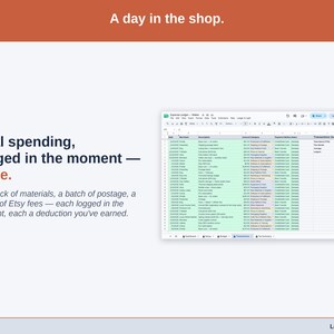 The Transactions tab showing one real day of maker spending — a restock of materials, a batch of postage, a month of Etsy fees — each logged in the moment, each a deduction you’ve earned.