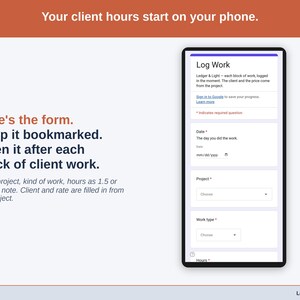 The Log Work form on a phone: date, project, work type, hours as 1.5 or 1:30, and a note.