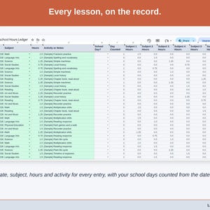 The Homeschool Log tab: one row per entry with subject, hours, activity and a school-day count worked out from the dates.