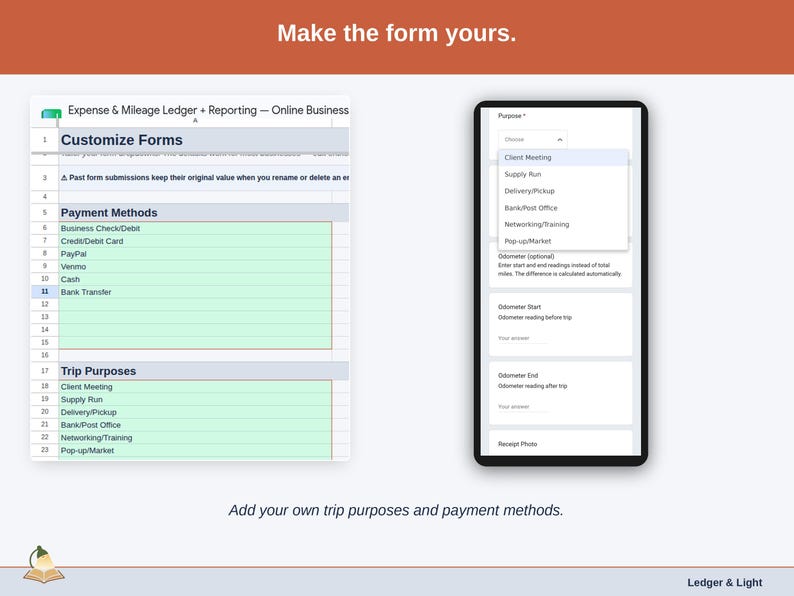 The Customize Forms tab, where the dropdowns become yours: online business trip purposes such as client meeting, supply run and delivery/pickup, plus your own payment methods.