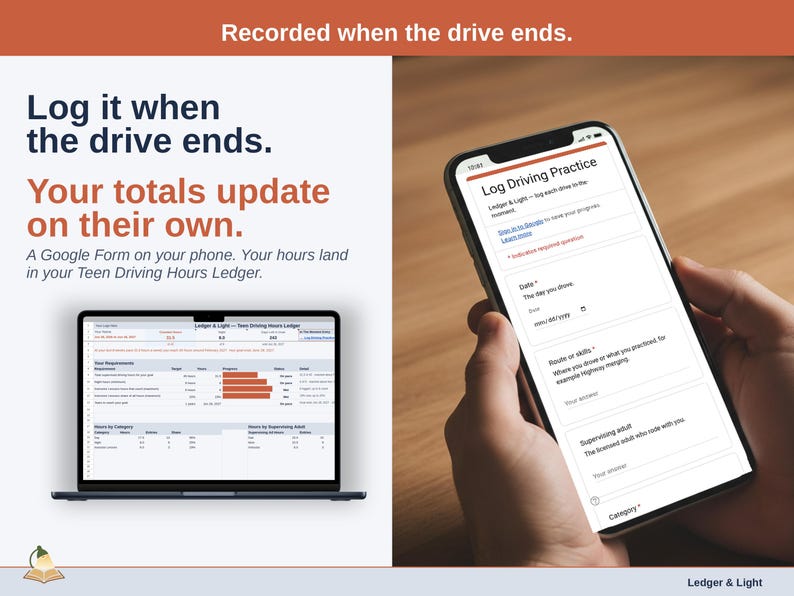 A phone showing the Log Driving Practice form next to a laptop with the Teen Driving Hours Ledger Dashboard, where each drive lands when it ends.