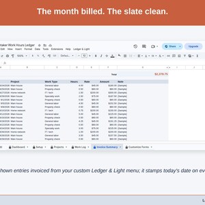 A statement slide: The month billed. The slate clean. Choose Mark shown entries invoiced from your custom Ledger & Light menu; it stamps today’s date on every row shown.