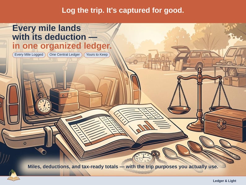 Closing slide, captioned every mile logged, one central ledger, yours to keep. Every reseller expense lands with its receipt attached, in one ledger that stays in your own Drive.