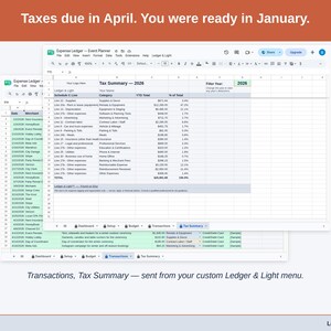 Two exported cards side by side — Tax Summary and Transactions — sent from the Expense Ledger’s custom Ledger & Light menu. A event planner year, ready to hand over.