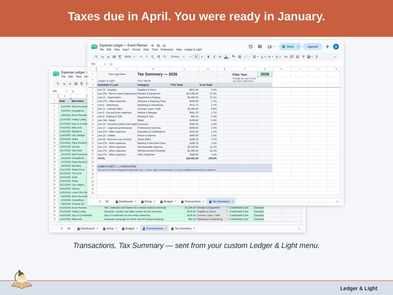 Two exported cards side by side — Tax Summary and Transactions — sent from the Expense Ledger’s custom Ledger & Light menu. A event planner year, ready to hand over.