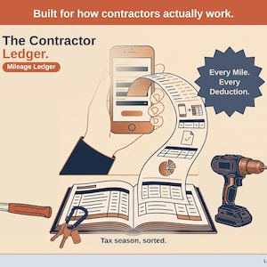 Title slide for the Contractor Ledger — “Mileage Ledger” set over illustrated contractor objects on a desk. Expenses, mileage, and tax-ready reporting — with the categories you actually use.