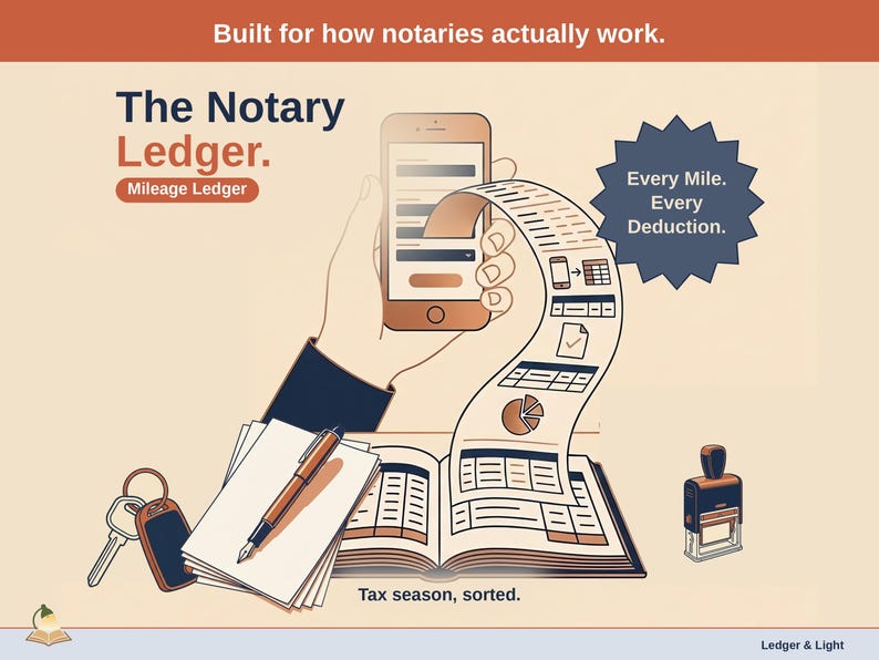 Title slide for the Notary Ledger — “Mileage Ledger” set over illustrated notary objects on a desk. Expenses, mileage, and tax-ready reporting — with the categories you actually use.
