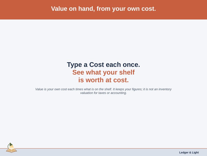 A statement slide on Value on hand: type a Cost each once and the sheet shows what your shelf is worth at your own cost.