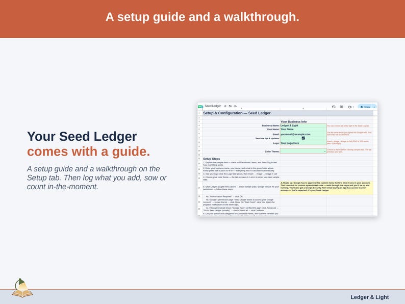 The Setup tab with its walkthrough: a setup guide, then log what you add, sow or count in-the-moment.