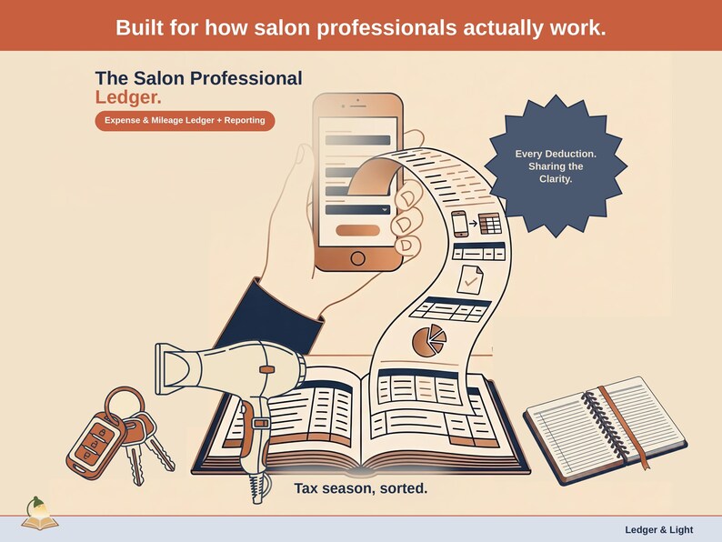 Title slide for the Salon Professional Ledger — “Expense & Mileage Ledger + Reporting” set over illustrated salon professional objects on a desk. Expenses, mileage, and tax-ready reporting — with the categories you actually use.