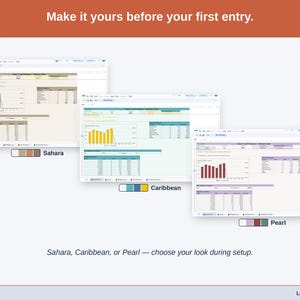 The same maker Mileage Ledger Dashboard shown three times in Sahara, Caribbean, or Pearl — the color choice made once, during setup.