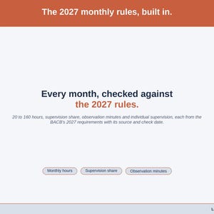 A statement slide on the BACB’s 2027 monthly rules, built in: 20 to 160 hours a month, the supervision share, observation minutes and individual supervision, each with its source and check date.