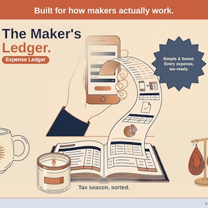 Title slide for the Maker Ledger — “Expense Ledger” set over illustrated maker objects on a desk. Expenses, mileage, and tax-ready reporting — with the categories you actually use.