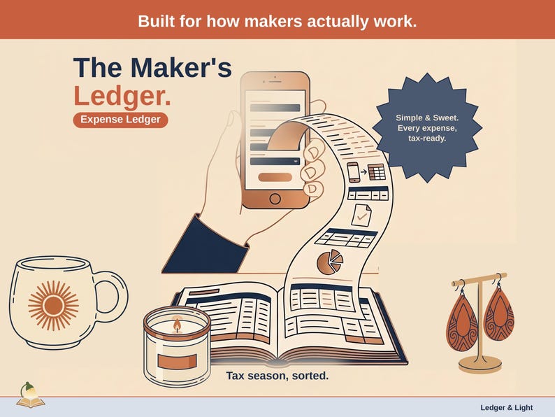 Title slide for the Maker Ledger — “Expense Ledger” set over illustrated maker objects on a desk. Expenses, mileage, and tax-ready reporting — with the categories you actually use.