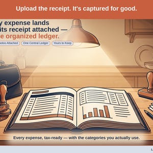 Closing slide, captioned receipt photos attached, one central ledger, yours to keep. Every notary expense lands with its receipt attached, in one ledger that stays in your own Drive.