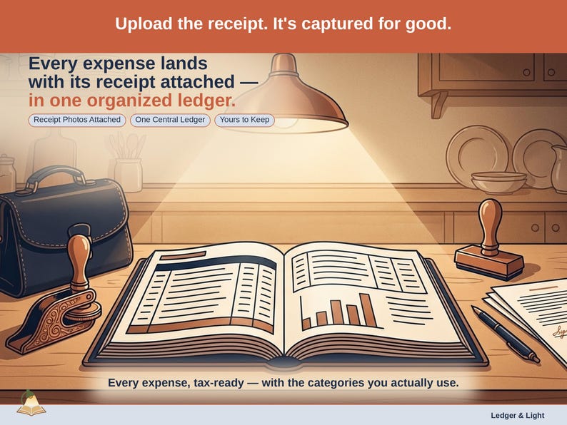 Closing slide, captioned receipt photos attached, one central ledger, yours to keep. Every notary expense lands with its receipt attached, in one ledger that stays in your own Drive.