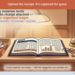 Closing slide, captioned receipt photos attached, one central ledger, yours to keep. Every bed & breakfast expense lands with its receipt attached, in one ledger that stays in your own Drive.