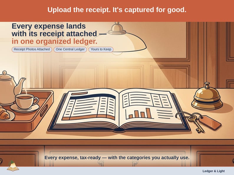Closing slide, captioned receipt photos attached, one central ledger, yours to keep. Every bed & breakfast expense lands with its receipt attached, in one ledger that stays in your own Drive.
