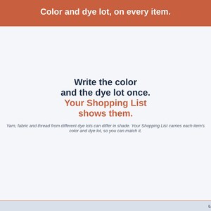 A statement slide on color and dye lot: write them once on the Items tab and your Shopping List shows them, so you can match the lot.