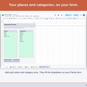 The Customize Forms tab: your places and categories, which fill the dropdowns on the Pantry form.