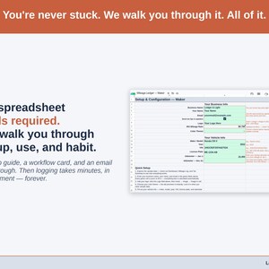 The Mileage Ledger’s Setup tab on a laptop, walking a maker owner through first-time setup step by step. A setup guide, a workflow card, and an email walkthrough. Then logging takes minutes, in the moment — forever.