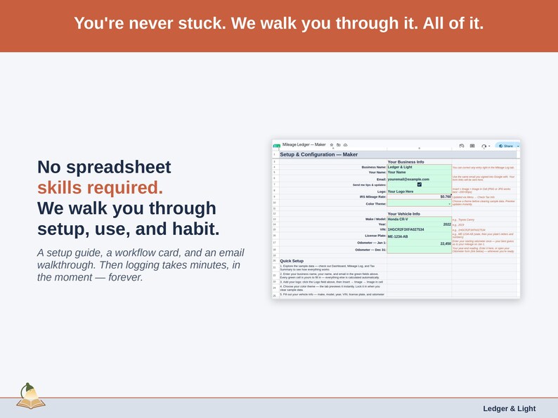 The Mileage Ledger’s Setup tab on a laptop, walking a maker owner through first-time setup step by step. A setup guide, a workflow card, and an email walkthrough. Then logging takes minutes, in the moment — forever.