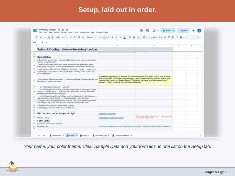 The Setup tab: your name, color theme, Clear Sample Data and the form link in one list.