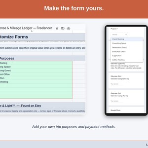 The Customize Forms tab, where the dropdowns become yours: freelancer trip purposes such as client meeting, coworking space and networking event, plus your own payment methods.